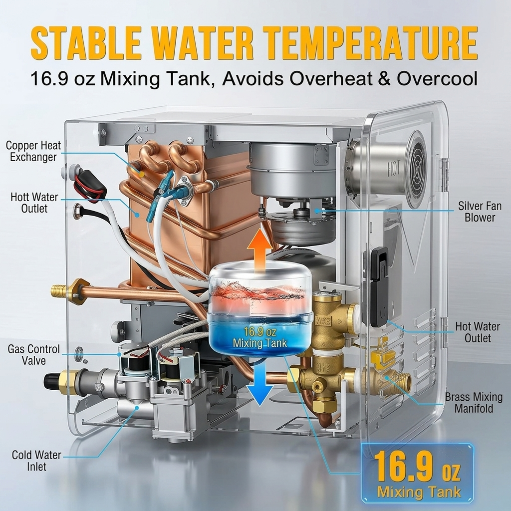 AVOYTE RV Tankless Water Heater, 65,000 BTU, 3.9 GPM Propane Instant Hot Water Heater for Camper/RV, 12V Power, High Altitude Ready, Remote Control, V-Shaped Sand