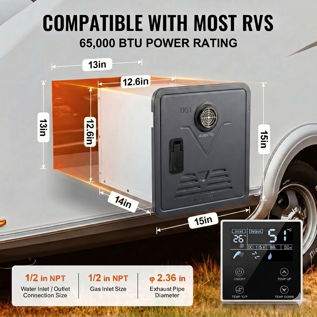 AVOYTE RV Tankless Water Heater, 65,000 BTU, 3.9 GPM Propane Instant Hot Water Heater for Camper/RV, 12V Power, High Altitude Ready, Remote Control, V-Shaped Sand