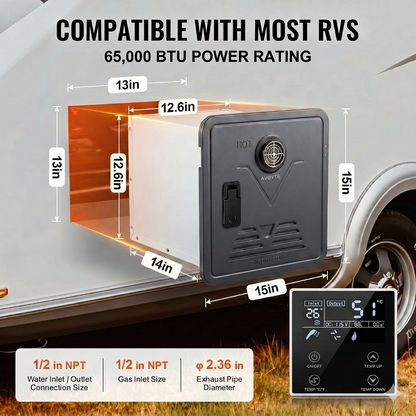 AVOYTE RV Tankless Water Heater, 65,000 BTU, 3.9 GPM Propane Instant Hot Water Heater for Camper/RV, 12V Power, High Altitude Ready, Remote Control, V-Shaped Sand