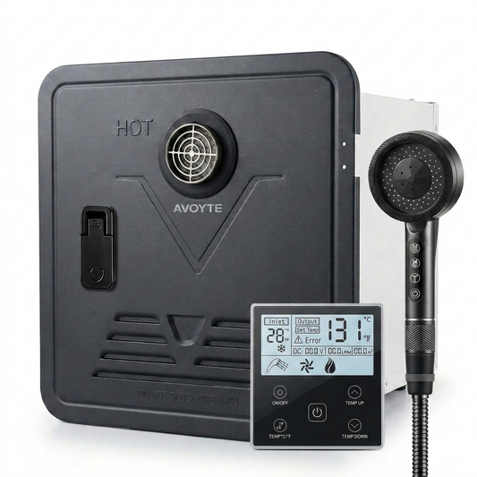 AVOYTE RV Tankless Water Heater, 65,000 BTU, 3.9 GPM Propane Instant Hot Water Heater for Camper/RV, 12V Power, High Altitude Ready, Remote Control, V-Shaped Sand