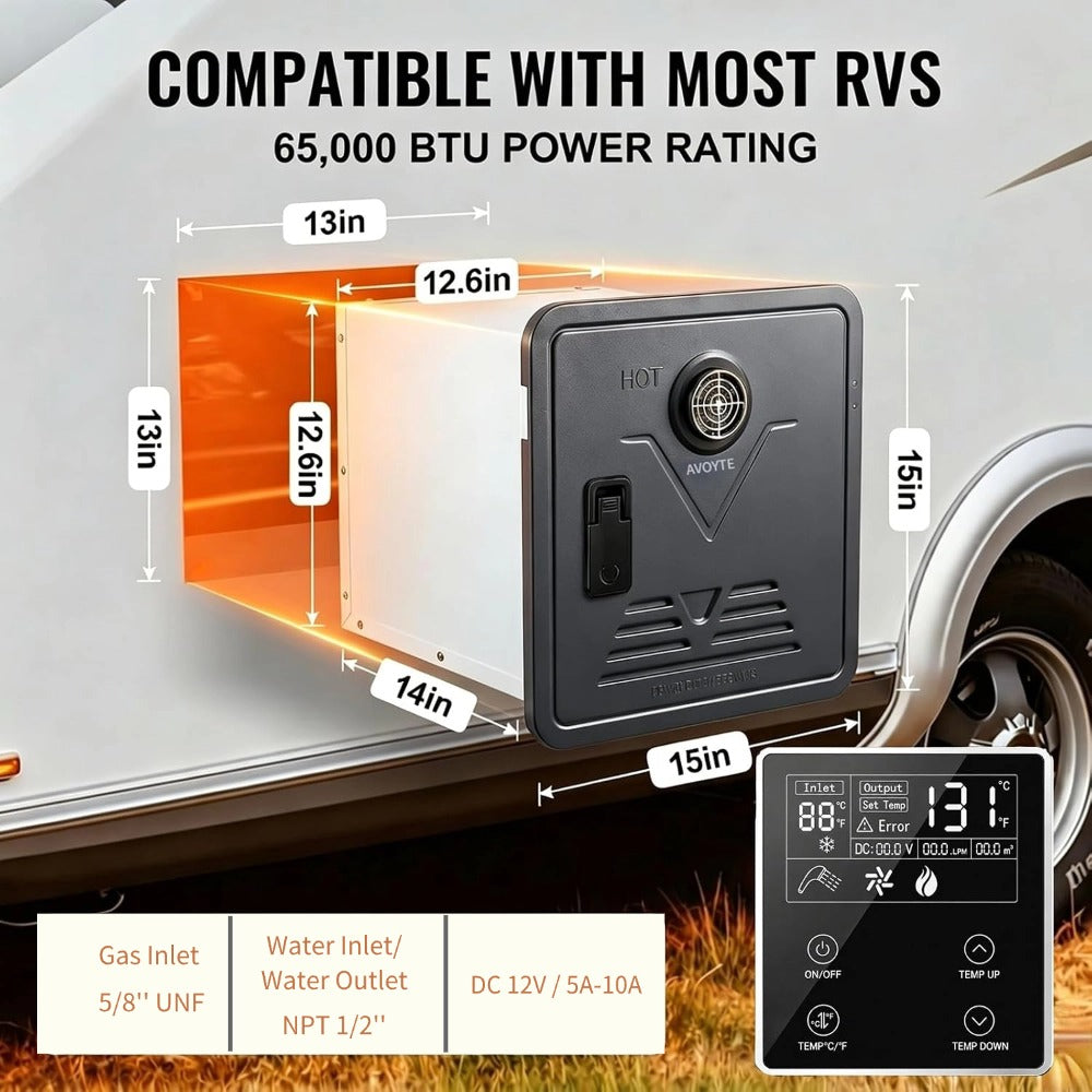 AVOYTE RV Tankless Water Heater, 65,000 BTU, 3.9 GPM Propane Instant Hot Water Heater for Camper/RV, 12V Power, High Altitude Ready, Remote Control, V-Shaped Sand