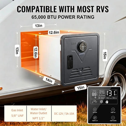 AVOYTE RV Tankless Water Heater, 65,000 BTU, 3.9 GPM Propane Instant Hot Water Heater for Camper/RV, 12V Power, High Altitude Ready, Remote Control, V-Shaped Sand